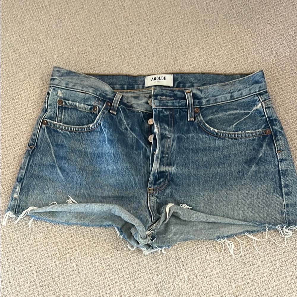 Agolde Distressed Blue Denim Shorts